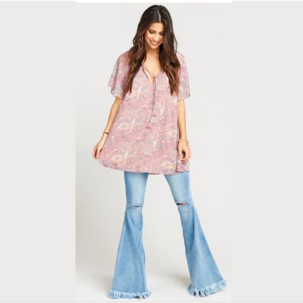 SHOW ME YOUR MUMU Juana Tassel Tunic Boho Peasant Top Chiffon Paisley Blush Pink